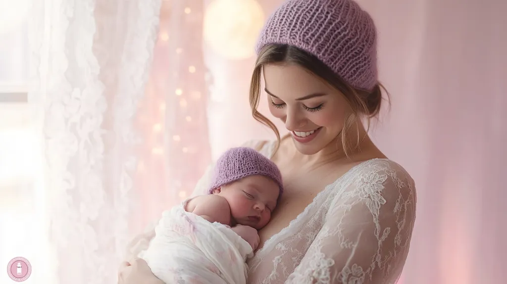 A woman in a white lace dress and a purple knitted beanie cradles a sleeping baby wrapped in a white blanket. The baby is wearing a purple knitted beanie. The woman is smiling and looking down at the baby. The background is soft pink with white lace curtains and a soft, blurry light. The image evokes a feeling of love, tenderness, and new beginnings.