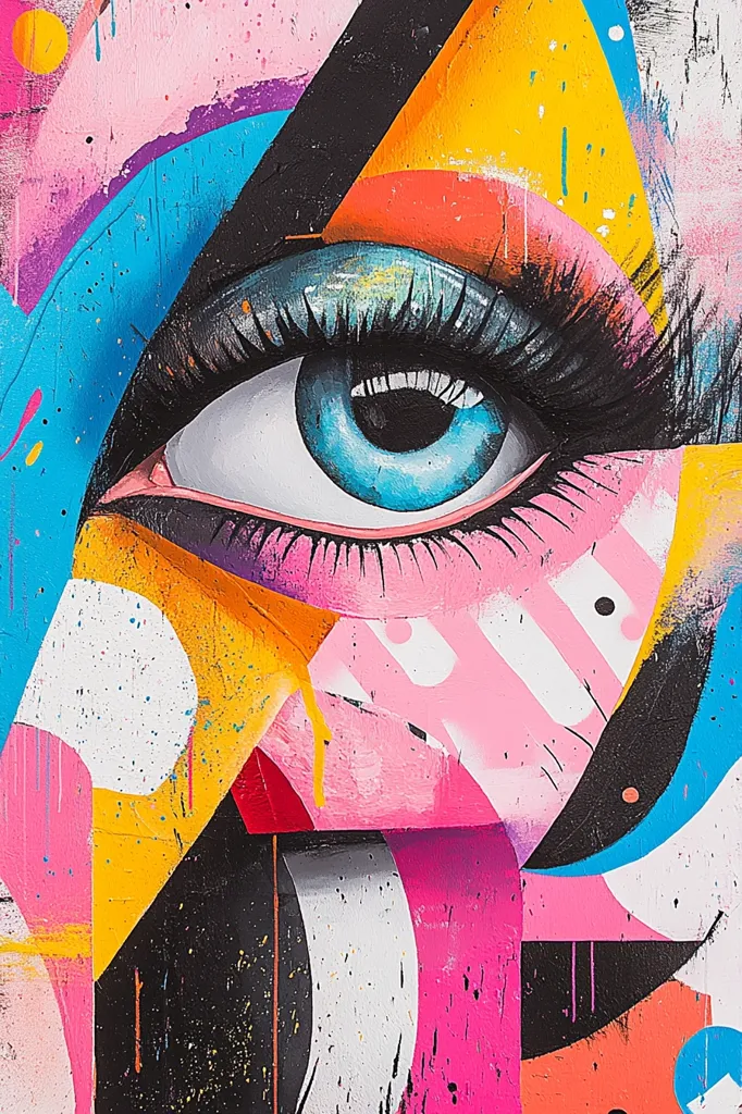 A close-up of a vibrant abstract painting featuring a large, blue eye with thick black eyelashes. The eye is surrounded by bold geometric shapes in contrasting colors like bright pink, yellow, black, and white. The painting appears to be created with thick brushstrokes, creating a textured and energetic look. The overall composition is chaotic yet captivating.
