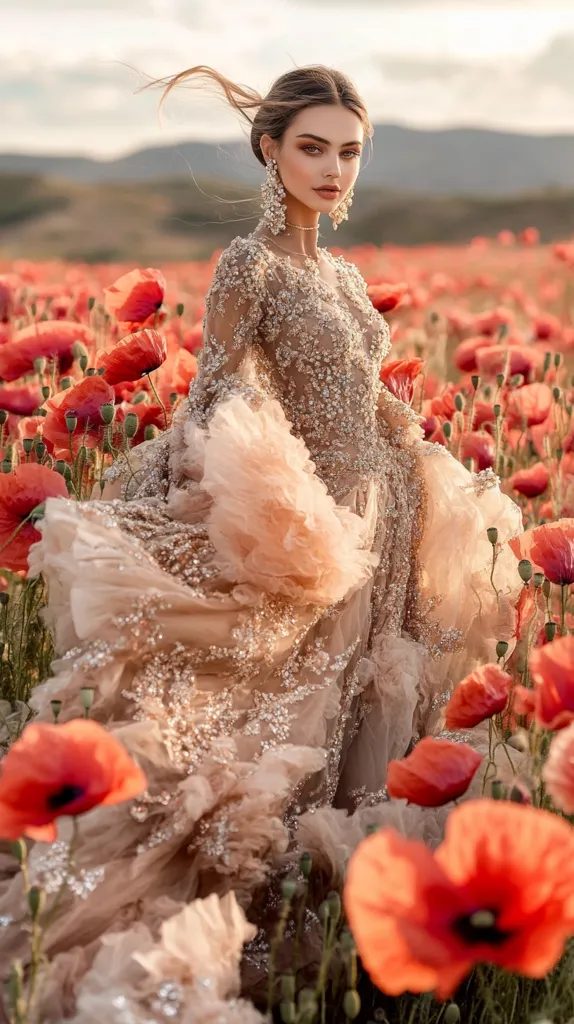A woman in a long, sparkling,  and flowing gown stands in a field of red poppies. The woman has long dark hair, and she is wearing large, dangling earrings. Her dress has a sheer, layered skirt with ruffles. The flowers are in full bloom and create a colorful backdrop for the woman. The scene is bathed in warm, golden light.
