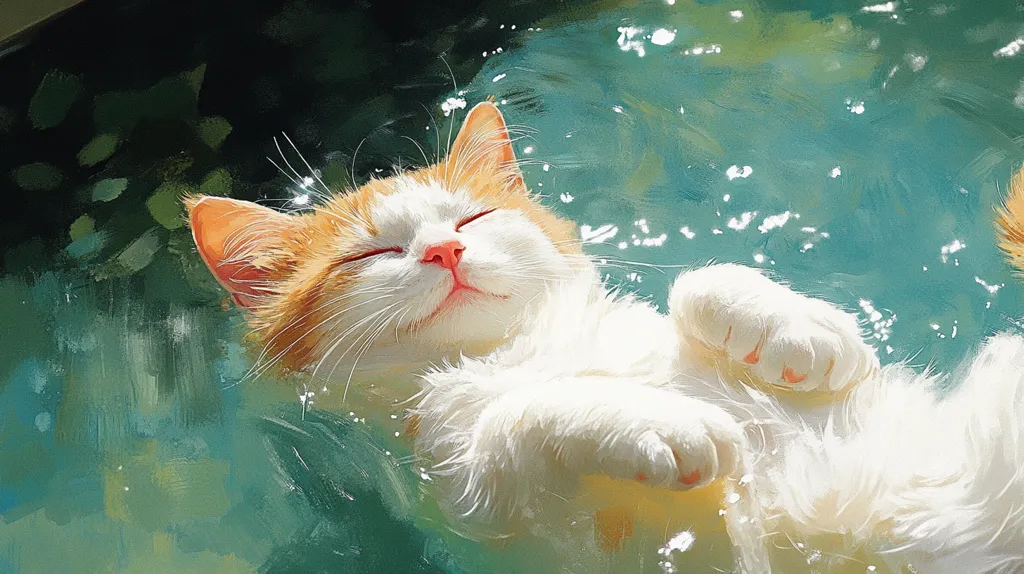 The image is a painting of a ginger and white cat floating on its back in a pool of water. The cat's eyes are closed and its mouth is slightly open, as if it is sleeping. The water is a vibrant turquoise color and is filled with small, white bubbles. The sun is shining brightly, creating a warm glow over the scene.