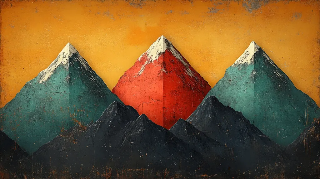 The image depicts a stylized mountain range against a vibrant orange-yellow sky. Three prominent peaks dominate the scene; two are teal, capped with white, and flank a central, striking crimson peak. The style is minimalist, with a textured, almost grunge-like quality to the color rendering, suggesting a painting or digital artwork. The overall effect is one of bold simplicity and striking contrast between the colors and forms.