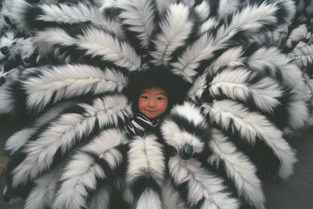 A young child with dark hair and a striped shirt sits surrounded by the fluffy, black and white tails of a group of ring-tailed lemurs. The child is smiling and looking up at the camera. The lemurs' tails are arranged in a circular pattern around the child, creating a soft and inviting background.
