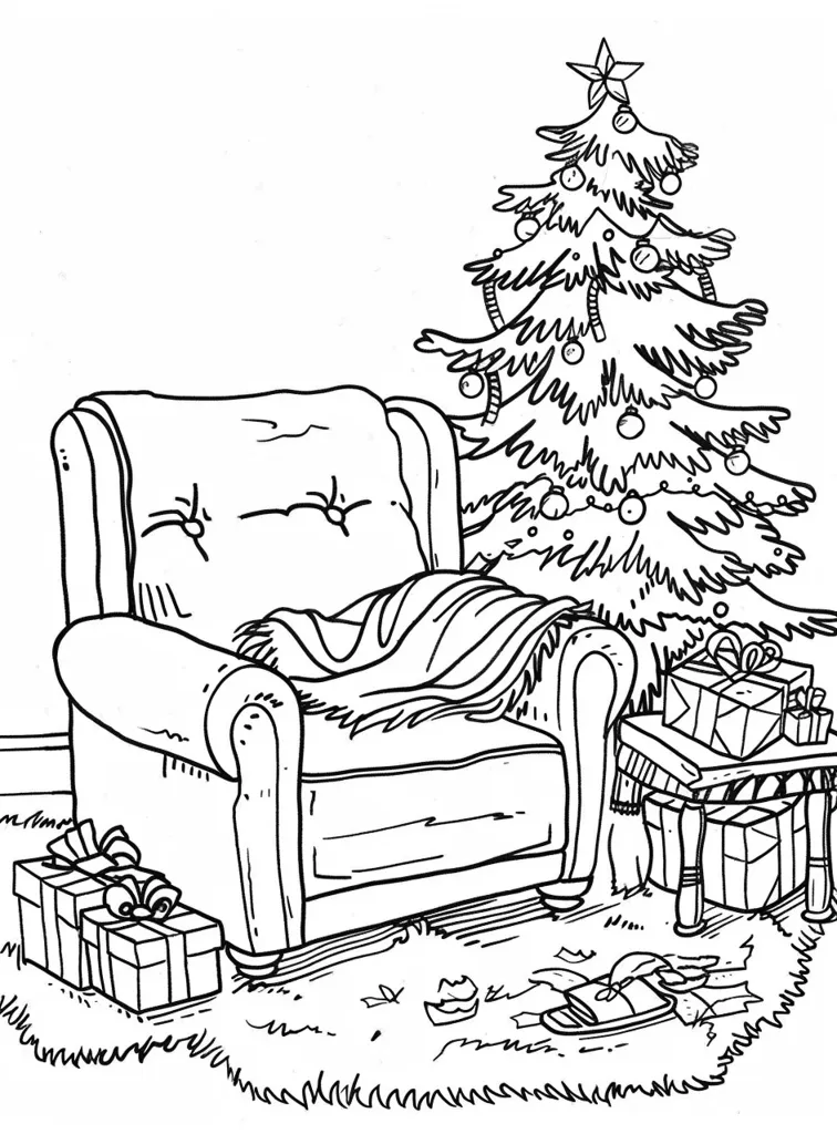 The image depicts a cozy living room scene with a large armchair, a decorated Christmas tree, and presents stacked beneath it. The armchair is invitingly plump with a blanket draped over it. The Christmas tree is adorned with ornaments and a star on top. The presents are neatly stacked under the tree, ready for the holiday season. The scene is filled with a sense of warmth and anticipation.