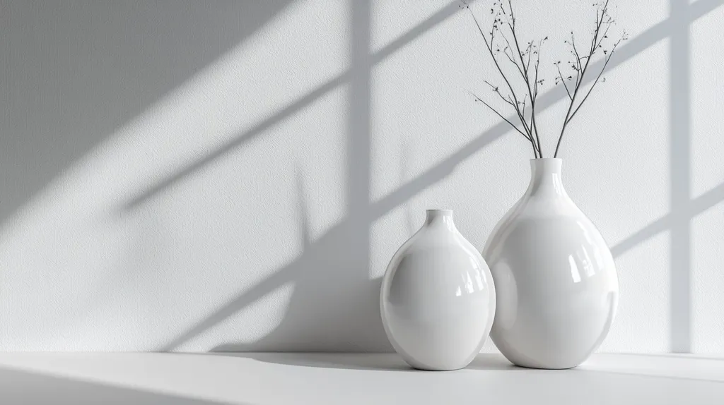 Here's a description of the image:

Two simple, white ceramic vases sit on a pristine white surface against a textured white wall.  A larger vase holds dried, dark-grey branches.  Sunlight streams through an unseen window, casting crisscrossing shadows across the wall. The scene is minimalist and serene, emphasizing clean lines and a monochromatic color palette. The overall impression is one of calm and understated elegance.