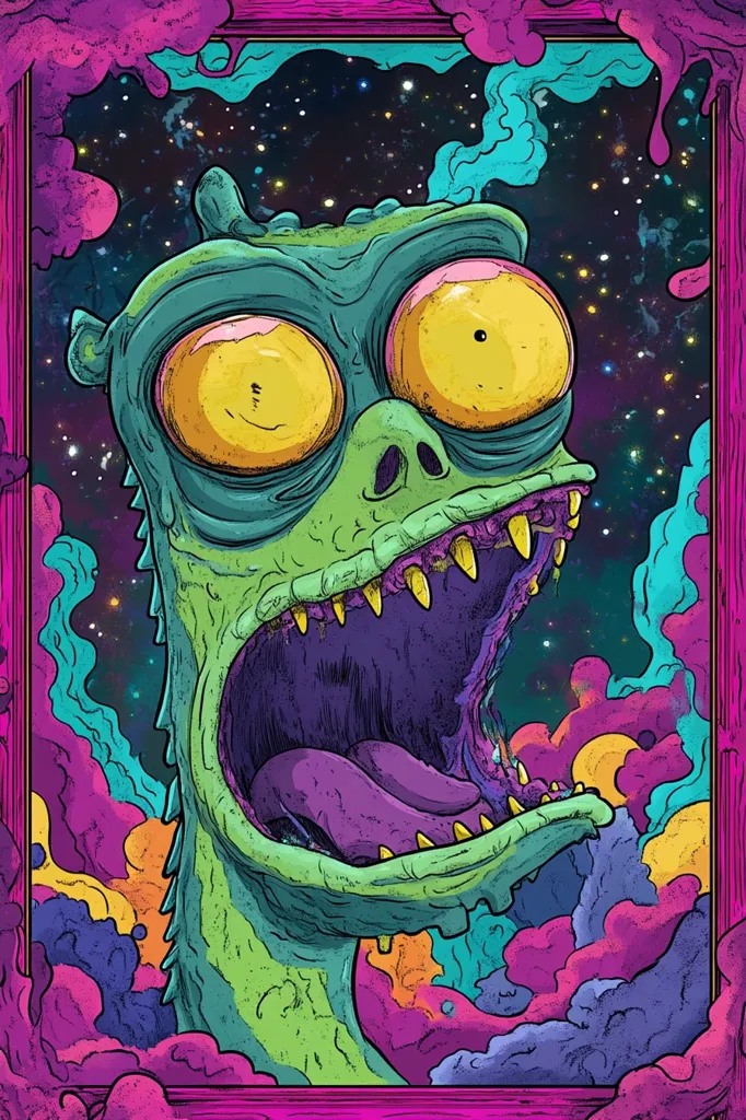 The image is a digital illustration of a cartoon monster with a large, gaping mouth, yellow eyes, and green skin. The monster is set against a background of swirling, colorful clouds and a starry sky. The image is framed in a bright pink border. The illustration has a psychedelic, surreal aesthetic.  The monster appears to be roaring or screaming. The overall impression is one of chaos and energy.