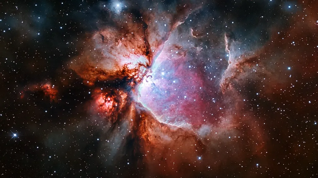 The image shows a vibrant nebula, a cloud of gas and dust in space, glowing with red, orange, and blue hues.  The nebula is surrounded by a scattering of twinkling stars, creating a breathtaking cosmic spectacle. The image captures the beauty and vastness of the universe, inviting contemplation of the wonders beyond our planet.