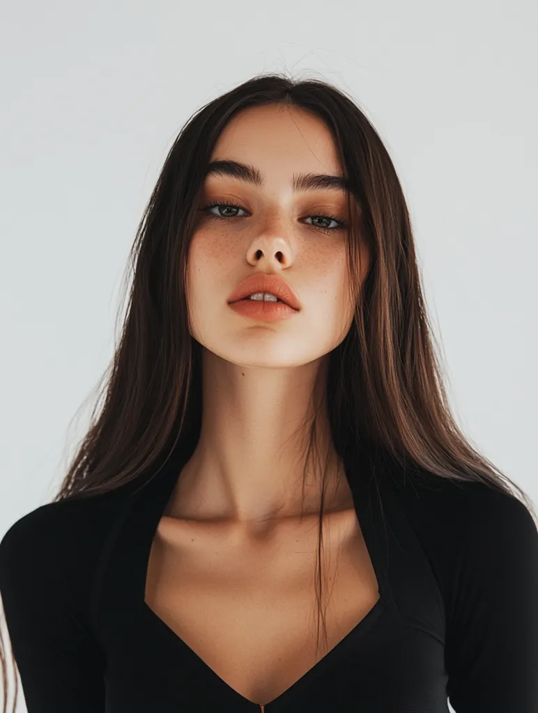 Here's a description of the image:

Close-up portrait of a young woman with long, dark brown hair that falls straight around her shoulders. She has fair skin with light freckles, subtly defined eyebrows, and warm-toned makeup featuring a peachy-coral lipstick.  Her expression is serious and direct, looking straight at the camera. She's wearing a simple, black, V-neck top. The background is a plain, light gray, keeping the focus entirely on her. The overall style is minimalist and clean.