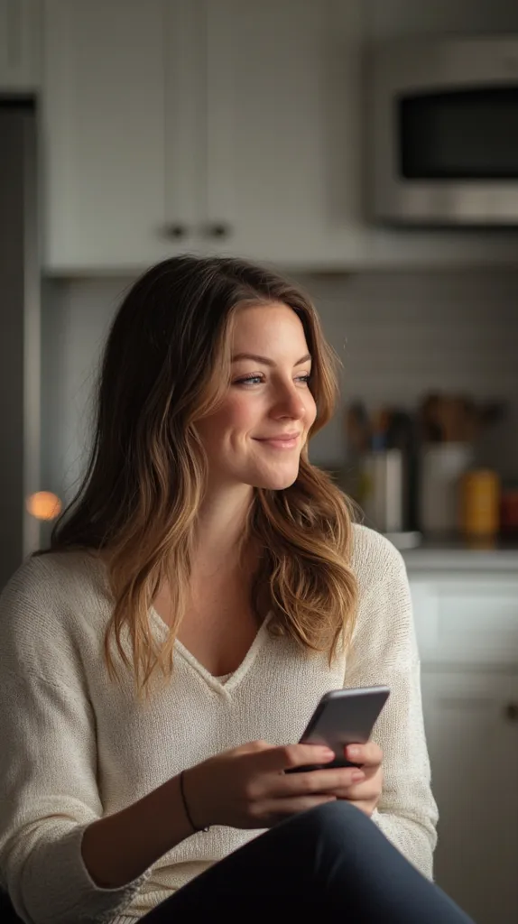 A young woman with long brown hair is sitting in a kitchen, wearing a white sweater and looking off to the side with a smile. She is holding a smartphone in her hands. The kitchen has white cabinets and a microwave in the background. The woman appears relaxed and content.