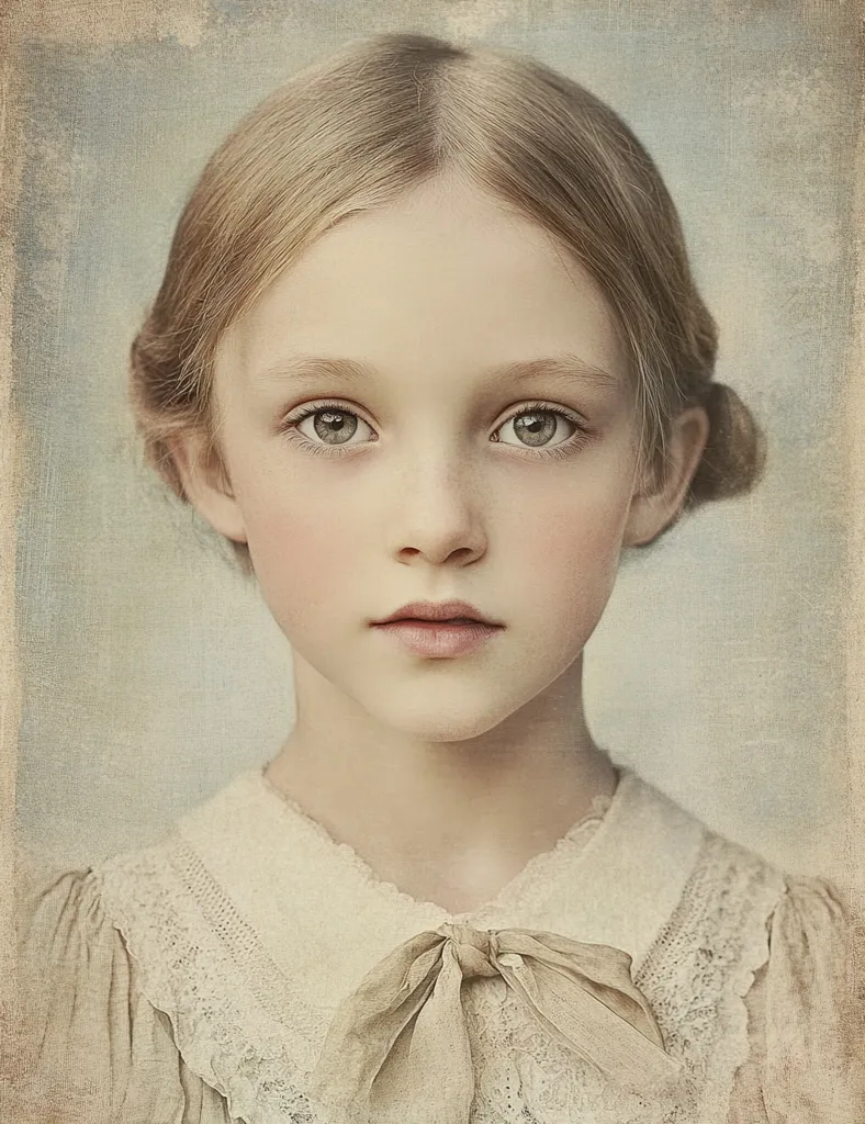 Here's a description of the image:

The portrait showcases a young girl, possibly eight or nine years old, with fair skin and light blonde hair neatly pulled back. Her large, expressive green eyes gaze directly at the viewer, conveying a sense of quiet contemplation. She's dressed in a delicate, light beige dress adorned with lace at the collar and sleeves, and a simple beige bow sits at the neckline. The background is a soft, muted blue-gray, reminiscent of an antique painting or photograph, adding to the image's nostalgic feel. The overall style suggests a classic, timeless aesthetic.