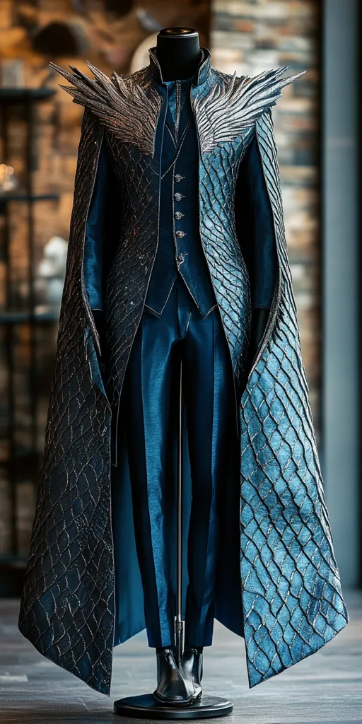 Here's a description of the image:

The image showcases an exquisitely crafted, dark teal men's suit and cape. The suit, a three-piece ensemble, features a textured fabric resembling scales, particularly prominent on the long cape.  Silver, wing-like adornments are affixed to the shoulders, adding a dramatic, almost regal touch.  The suit is displayed on a mannequin, its sleek, dark shoes completing the look. The background is blurred, showing a stone-like wall, providing contrast to the intricate detail of the clothing. The overall impression is one of high fashion and fantasy, possibly inspired by mythical creatures or royalty.