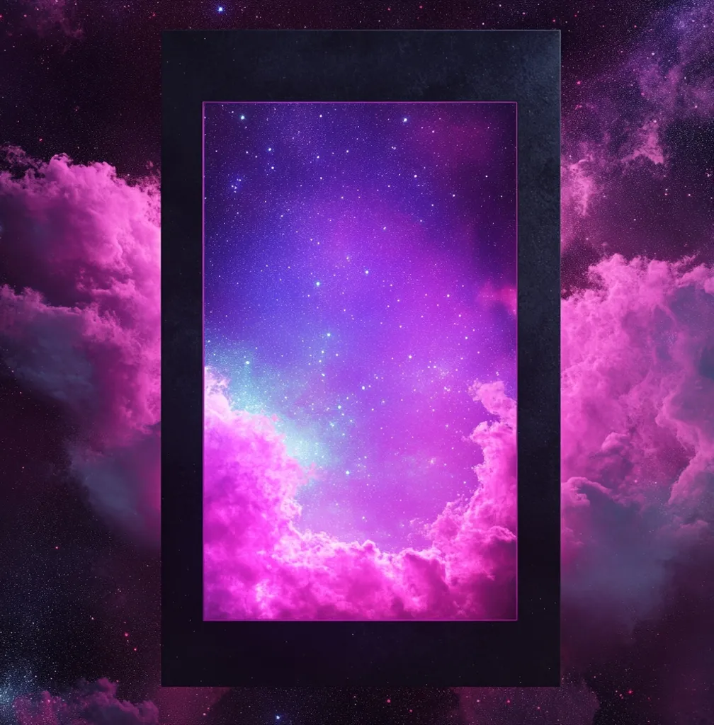 A black frame is set against a background of pink and purple clouds and stars. Inside the frame, a glowing, vibrant scene of pink and blue clouds and a starry sky fills the space. The image evokes a sense of wonder and otherworldliness, like a window into a fantastical realm.