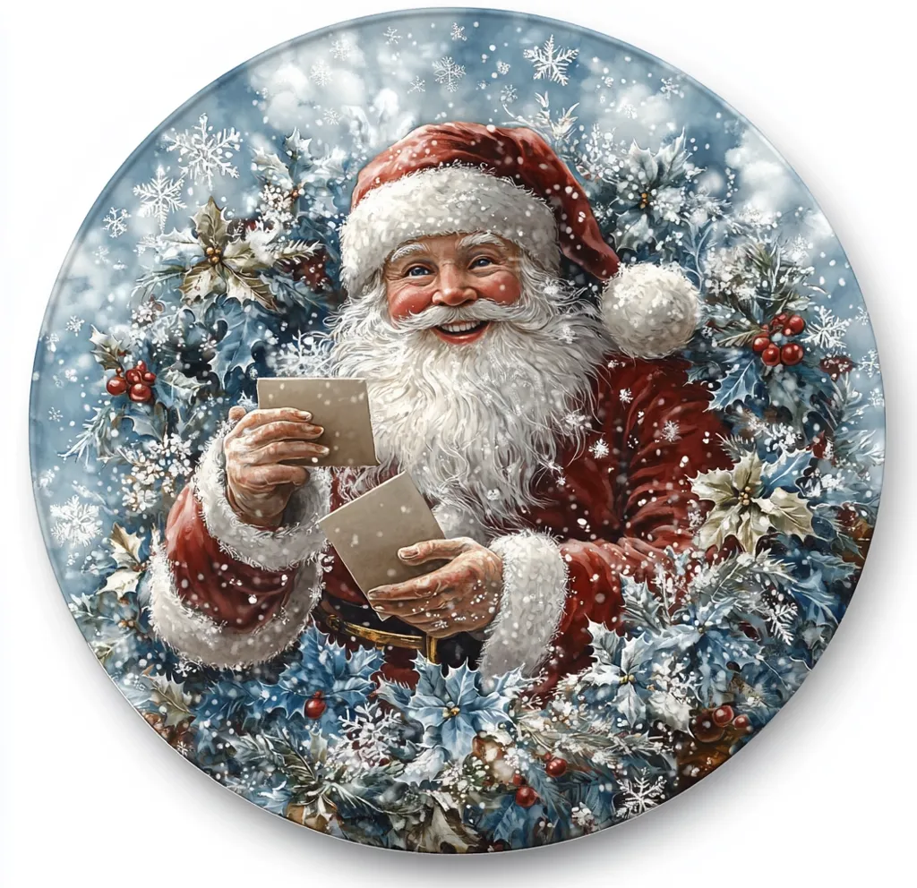 A round illustration depicts a jovial Santa Claus nestled amidst a snowy, wintery scene.  He's dressed in his traditional red suit, trimmed with white fur, and holds several letters, suggesting he's reading Christmas wishes.  Holly berries and snowflakes add to the festive atmosphere, creating a charming and nostalgic Christmas image. The style is reminiscent of classic Christmas artwork, detailed and warm.