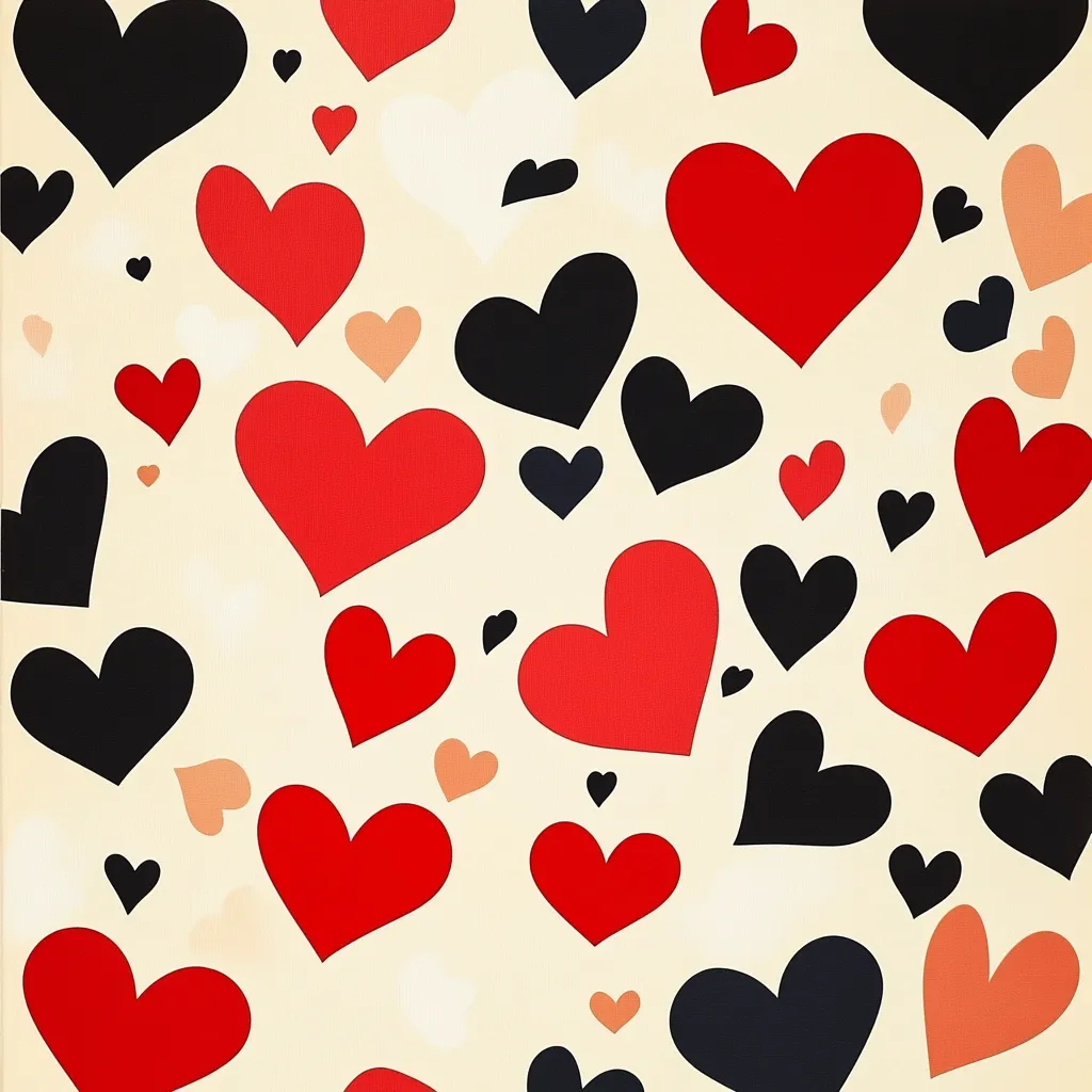 A cream-colored background is covered in a random assortment of red, black, and peach hearts.  The hearts are of various sizes, with some smaller and some larger. The largest hearts in the foreground are red, while the background has a mix of all the colors.  The image is playful and romantic.
