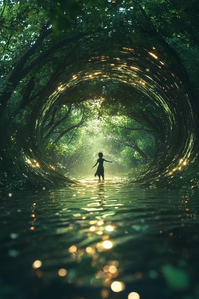 A lone figure stands in a river, framed by a swirling tunnel of verdant leaves.  Sunlight filters through the foliage, creating a shimmering effect.  The scene evokes a sense of mystery and wonder, as if the person is about to step into another realm.