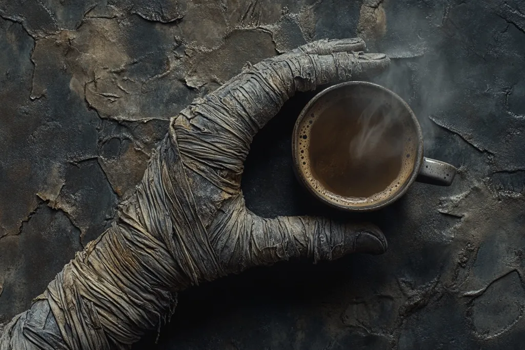 A mummified hand, with a dark, aged, and textured appearance, cradles a steaming cup of coffee. The hand is positioned against a textured, dark grey background. The contrast between the ancient hand and the modern beverage creates an intriguing visual juxtaposition. The image evokes a sense of mystery and the passage of time.  The coffee suggests a warmth and comfort that contrasts with the coldness of the mummified hand.