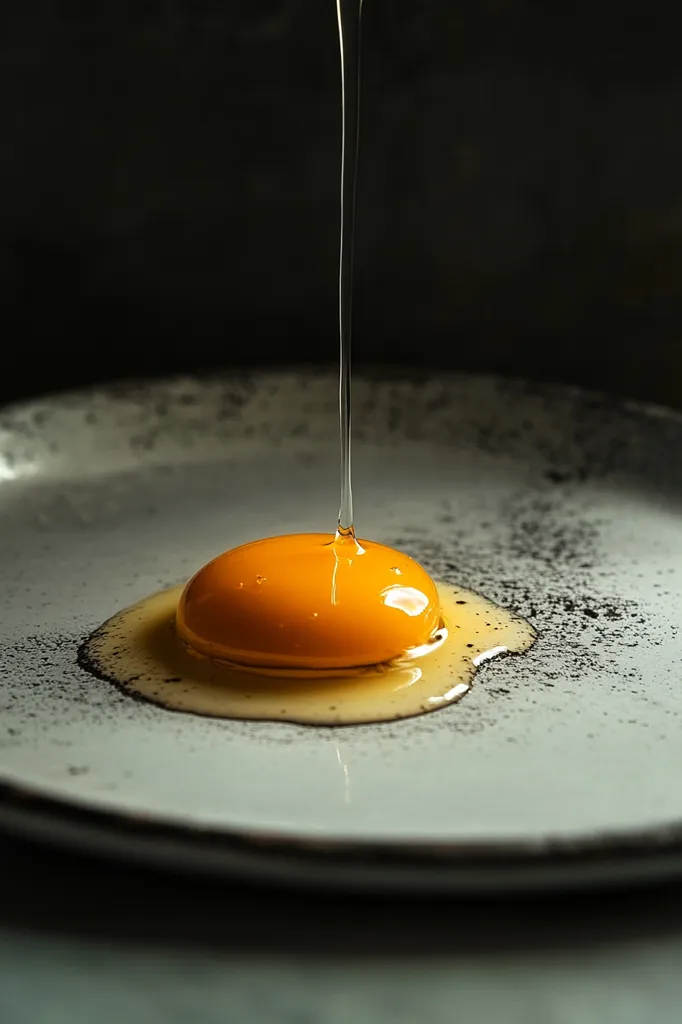 A single egg yolk sits in a white plate, surrounded by a thin layer of egg white. The yolk is perfectly round and yellow, and the white is clear and slightly runny. A thin stream of egg white is falling from above, about to join the rest of the egg. The plate is speckled with a light dusting of black, adding a touch of rusticity to the scene. The image captures the simple beauty of a raw egg, ready to be transformed into something delicious.