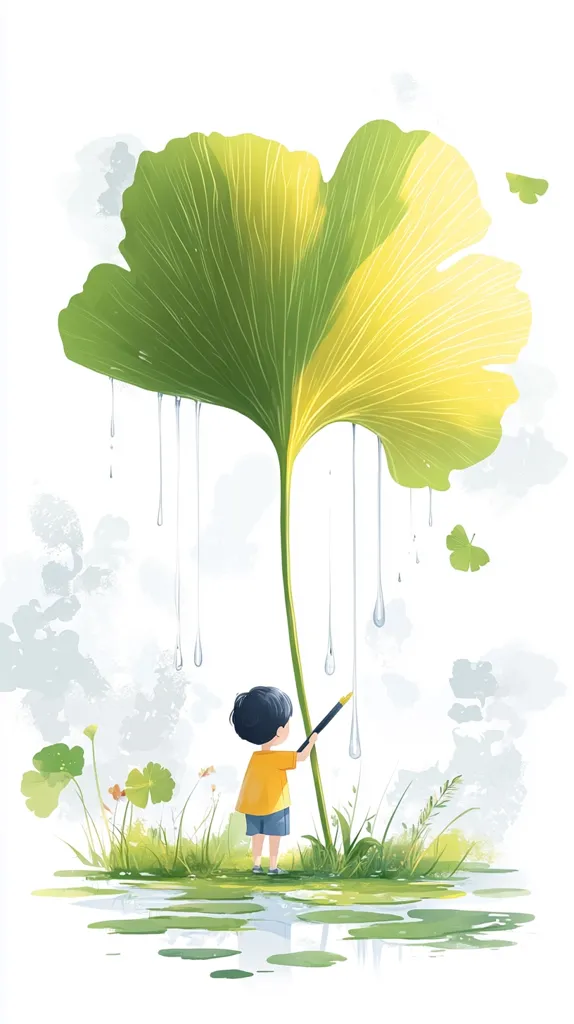 A young boy in a yellow shirt stands beneath a large ginkgo leaf, holding a paintbrush and dipping it into the water droplets falling from the leaf. The scene is painted in a whimsical style with a soft watercolor effect. The boy's reflection is visible in the water below him, creating a serene and enchanting image.