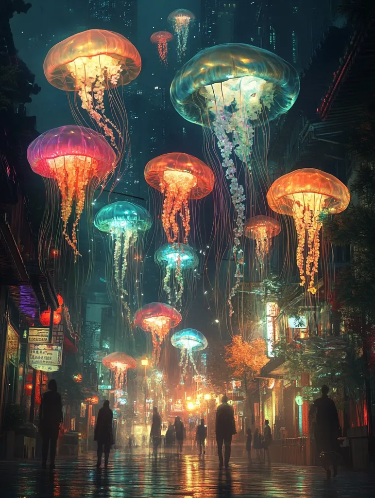 The image depicts a surreal city street at night, adorned with glowing jellyfish-like lanterns. The street is lined with buildings and trees, with people walking past the colorful lights. The lanterns are suspended from wires, casting a magical glow on the wet pavement and creating a dreamlike atmosphere. The image blends reality and fantasy, making it a captivating scene.