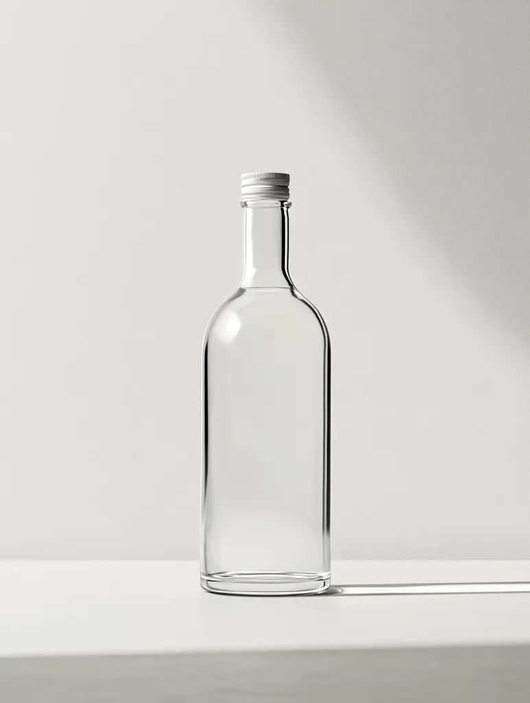 A clear glass bottle with a silver lid sits on a white surface. The bottle is empty, and the light casts a long shadow on the surface. The background is a simple white wall, creating a minimalist aesthetic. The image has a clean and simple design, showcasing the bottle's sleek shape.