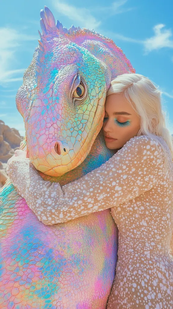 A woman with long blonde hair is hugging a large iridescent lizard. The lizard is covered in a rainbow-like sheen, while the woman is wearing a white and beige patterned dress. They are both looking down, and the woman has her eyes closed. The background is a blue sky with white clouds.