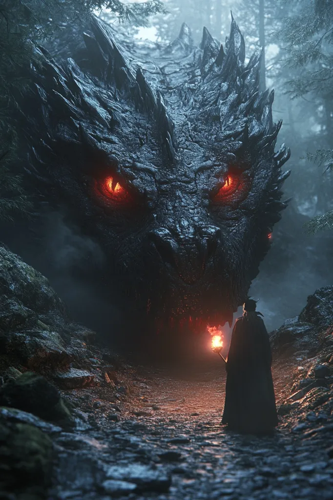 A digital illustration depicts a lone figure, cloaked and holding a torch, facing a colossal, dark dragon in a misty forest.  The dragon's head dominates the foreground, its textured scales and glowing red eyes creating a sense of foreboding. The scene is dark and atmospheric, emphasizing the vast size and power of the mythical creature. The path ahead is rocky and uncertain, highlighting the bravery, or perhaps folly, of the small figure confronting such a formidable opponent.