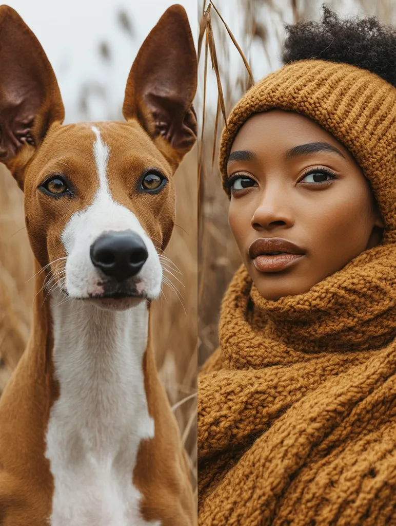 Here's a description of the image:

The image is a diptych, split vertically.  On the left, a Basenji dog, reddish-brown with white markings on its chest and face, stares intently at the camera.  Its large ears are pricked up. The background is blurred, showing tall, dry grasses.  On the right, a young woman with dark skin and dark, curly hair styled in a top knot,  wears a mustard-yellow knitted beanie and a thick, matching scarf. Her expression is serious and direct, mirroring the dog's focused gaze.  The color palette is warm and earthy, with tones of brown and mustard yellow dominating. The overall mood is serene and slightly melancholic.