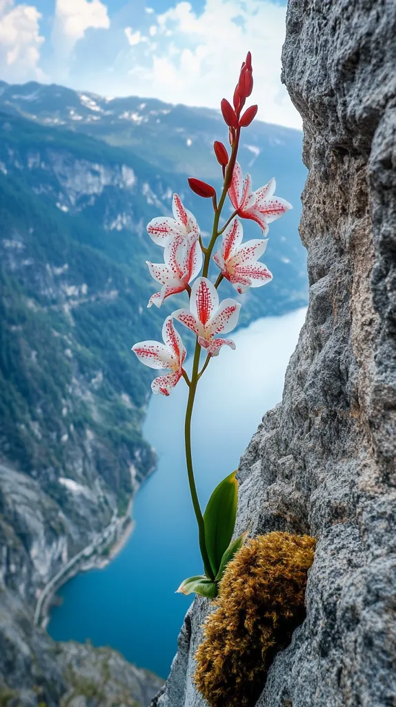 A vibrant orchid, with white petals speckled with red, clings to a rocky precipice overlooking a stunning, deep blue fjord.  The mountains in the background are hazy and verdant, creating a dramatic contrast with the stark beauty of the foreground.  The orchid's tenacious growth against the rugged rock face emphasizes its resilience in this breathtaking, high-altitude landscape.  The overall scene is one of awe-inspiring natural beauty and delicate strength.