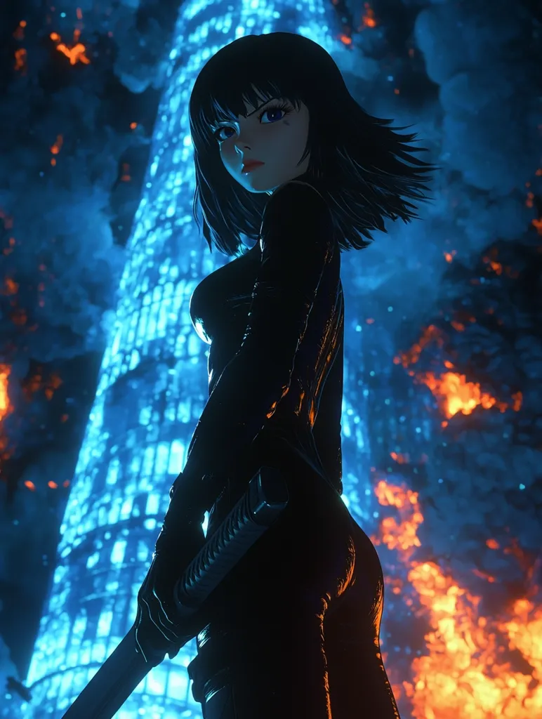 A stylized anime-esque female character, clad in black, stands defiantly before a towering, glowing blue structure.  She grips a katana at her hip, her expression serious.  A fiery inferno rages behind her, contrasting the cool tones of the futuristic cityscape. The image is rich in vibrant colors and dramatic lighting, creating a dynamic and intense atmosphere.  The overall aesthetic is cyberpunk-influenced, suggesting a post-apocalyptic or dystopian setting.