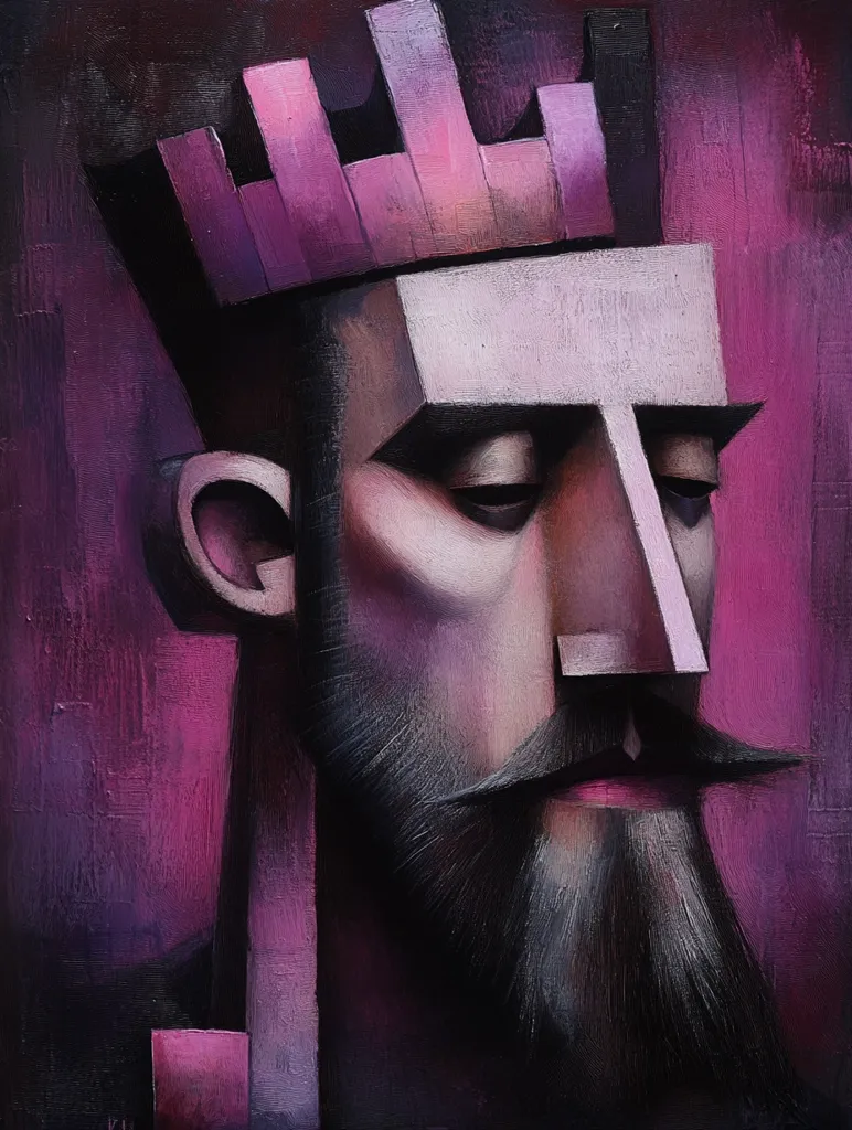 The painting depicts a stylized portrait of a man wearing a crown. The style is cubist, with geometric shapes forming the face and features. The man has a dark beard and mustache, and his eyes are closed. The crown is a simplified, blocky pink structure atop his head. The background is a deep magenta, contrasting with the muted tones of the figure. The overall mood is somber and contemplative.  The painting's texture appears thick and impasto.