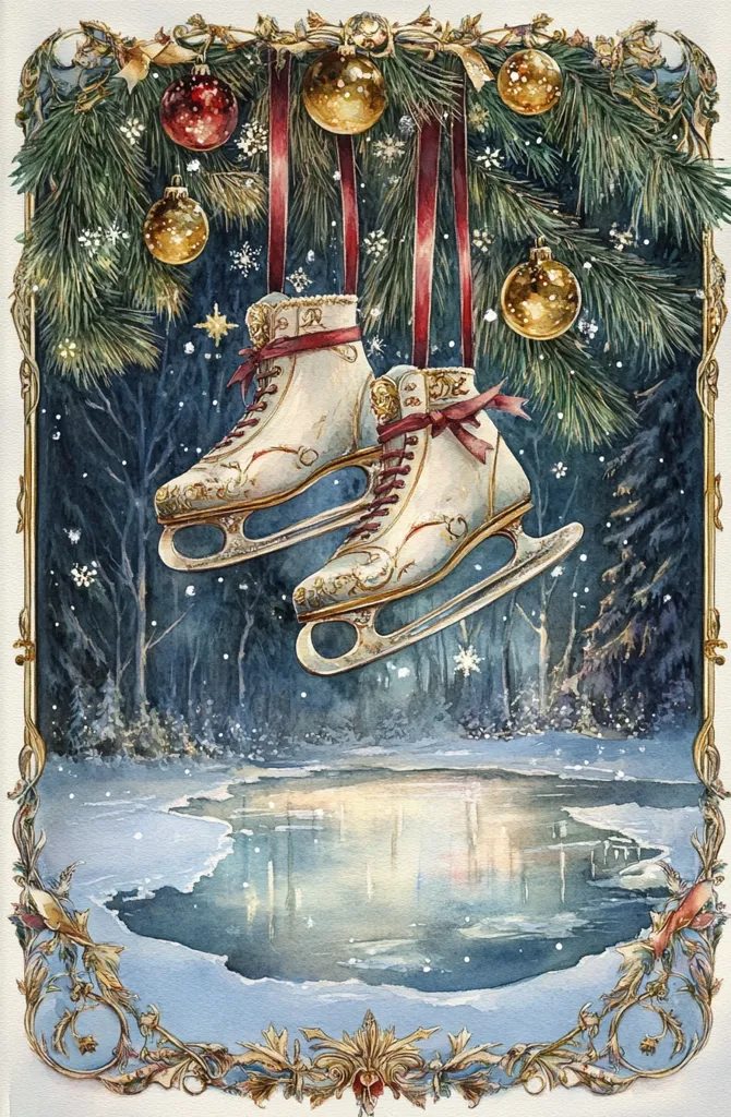 A watercolor painting depicts a pair of ornate, white ice skates hanging from a Christmas tree adorned with gold and red ornaments.  Red ribbons drape from the ornaments to the skates, which are suspended above a partially frozen pond in a snowy, wintery forest.  The scene is framed by an elaborate gold border, creating a whimsical, festive atmosphere.  The overall style is delicate and romantic, evoking a sense of winter magic.