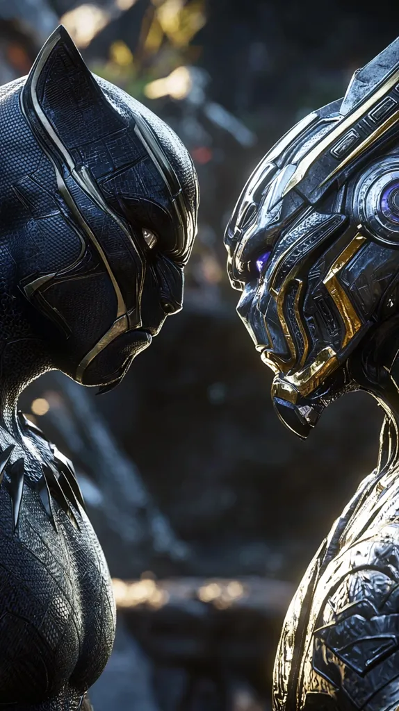 A close-up shot depicts a tense confrontation between two figures.  On the left, Black Panther, clad in his signature dark suit accented with gold detailing, stares intently at his opponent.  To the right, a technologically advanced, armored warrior, with gold and dark metallic plating and glowing purple eyes, returns the gaze. The background is blurred, focusing attention on the characters' intense visual contrast and impending conflict. The image suggests a powerful, dramatic scene from a science fiction or superhero film.