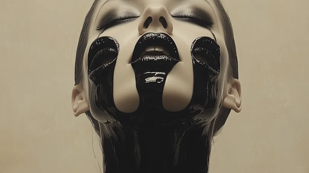 Here's a description of the image:

The image is a stylized portrait of a woman's face and upper torso. Her eyes are closed, and her expression is serene despite the dramatic makeup.  Thick, dark, glossy liquid, resembling black paint or tar, flows down her face from her eyes and lips, covering her neck and chest.  The liquid has a dripping, almost viscous texture. The overall aesthetic is dark, mysterious, and slightly gothic. The background is a muted beige, emphasizing the stark contrast with the dark makeup. The lighting is soft and even, highlighting the smooth skin and the texture of the black liquid.