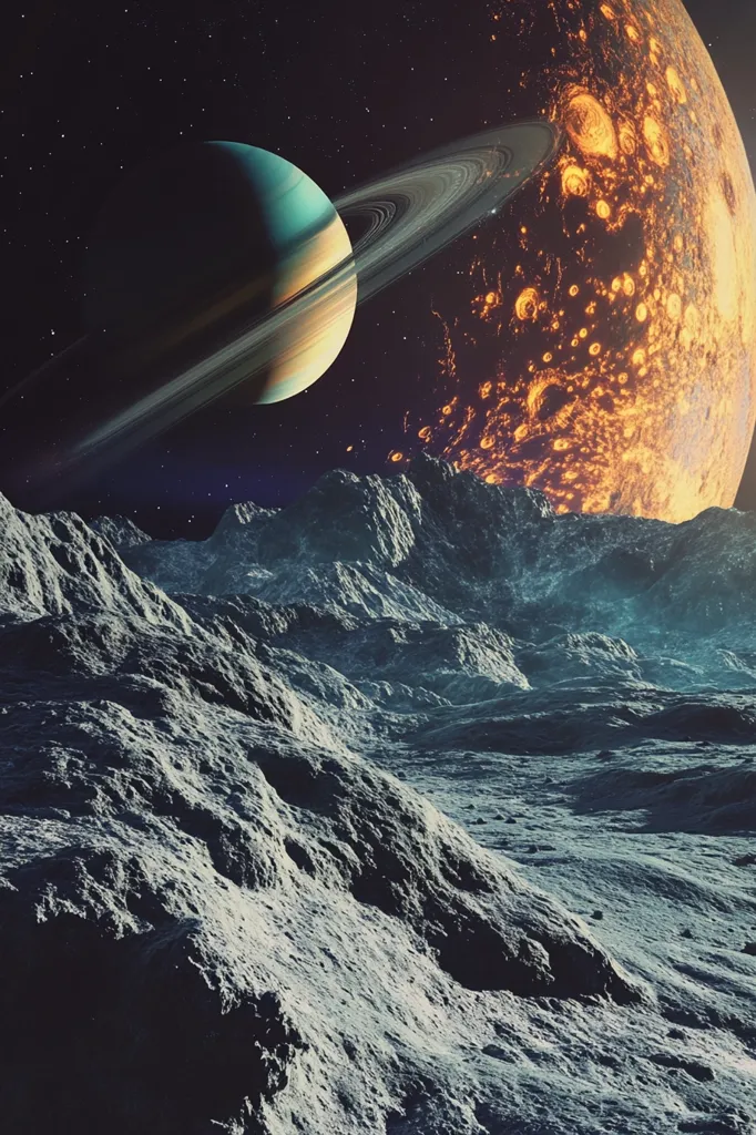 The image depicts a dramatic alien landscape.  Jagged, grey mountains dominate the foreground, resembling a lunar or Martian surface.  In the background, a ringed planet, teal and gold, contrasts with a fiery, orange planet exhibiting volcanic activity.  The vastness of space, sprinkled with stars, provides a backdrop to this otherworldly scene. The contrast between the cool tones of the foreground and the warm hues of the planets creates a striking visual effect.