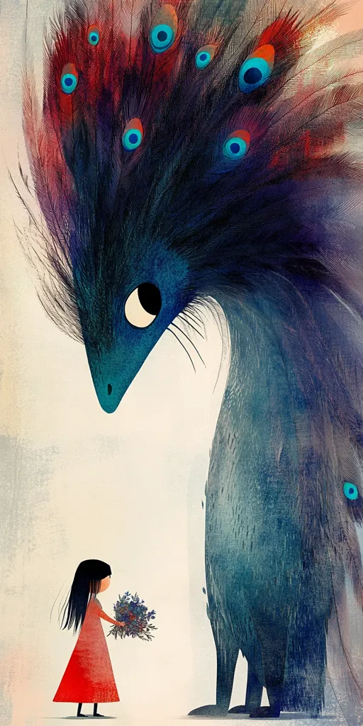 Here's a description of the image:

The illustration depicts a whimsical scene featuring a large, bird-like creature and a small girl. The creature, predominantly teal and blue, boasts a magnificent, peacock-like tail of dark feathers interspersed with vibrant turquoise and red "eyes." Its expression is gentle and curious.  A small girl in a red dress offers a bouquet of purple flowers to the creature. The style is painterly, with soft edges and a slightly textured background, creating a dreamlike atmosphere. The overall tone is one of peaceful interaction between the human and the fantastical being.