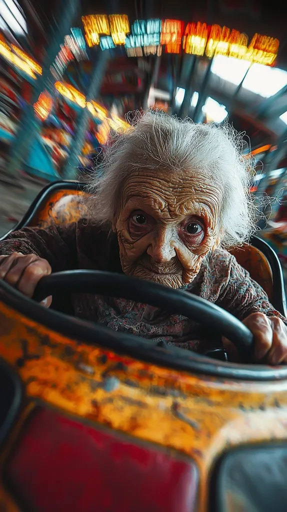 An elderly woman with deeply lined, weathered skin grips the steering wheel of a rusty, orange bumper car.  Her intense gaze is directed at the viewer. The background is a blur of vibrant, motion-streaked carnival lights, suggesting a fast-paced, exhilarating ride. The contrast between her age and the energetic setting creates a striking and memorable image. The focus is sharply on her face, highlighting the story etched in her wrinkles.