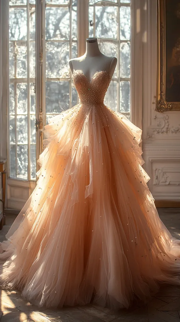 A peach-colored tulle ballgown, adorned with delicate beading, stands on a mannequin in a sunlit room. The dress features a sweetheart neckline and multiple layers of ruffled tulle, creating a voluminous and romantic silhouette.  It's positioned against a large window with ornate details, enhancing the luxurious feel of the scene. The soft, natural light accentuates the dress's texture and color.