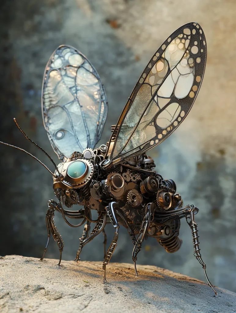 A meticulously crafted steampunk insect, possibly a fly or bee, is depicted.  Its body is constructed from intricately assembled gears and metallic components, giving it a complex, mechanical appearance.  Delicate, translucent wings, adorned with dark veins, provide a contrast to the dark metal.  The insect stands on a textured surface, its pose suggesting a moment of pause.  The overall effect is one of intricate detail and imaginative engineering.