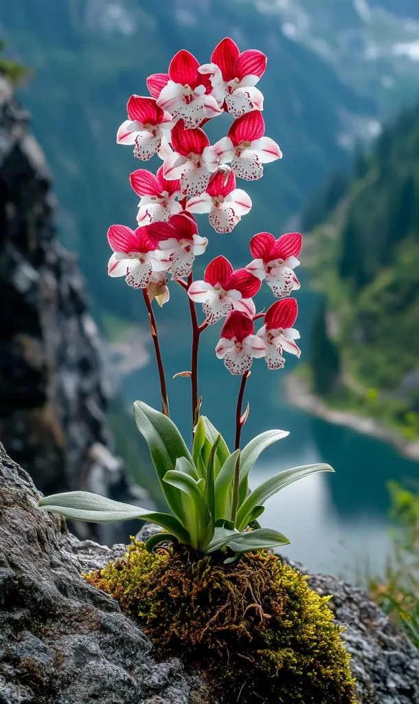 A vibrant cluster of red and white orchids thrives in a rocky, mossy crevice.  The blossoms, speckled with white, are densely arranged on slender stems.  The plant is set against a stunning backdrop of a serene, teal lake nestled amongst majestic, verdant mountains.  The contrast between the delicate flowers and the rugged landscape creates a captivating image of nature's beauty.