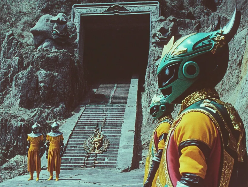 Three figures in gold and teal armor stand before a stone staircase leading to a dark, imposing entrance carved into a cliff face.  The entrance is framed by stonework and flanked by carved figures.  The scene has a mystical, ancient quality, possibly suggestive of a hidden temple or fortress.  The figures' helmets are elaborate and detailed, suggesting a warrior or ceremonial role. The overall tone is dark and dramatic.
