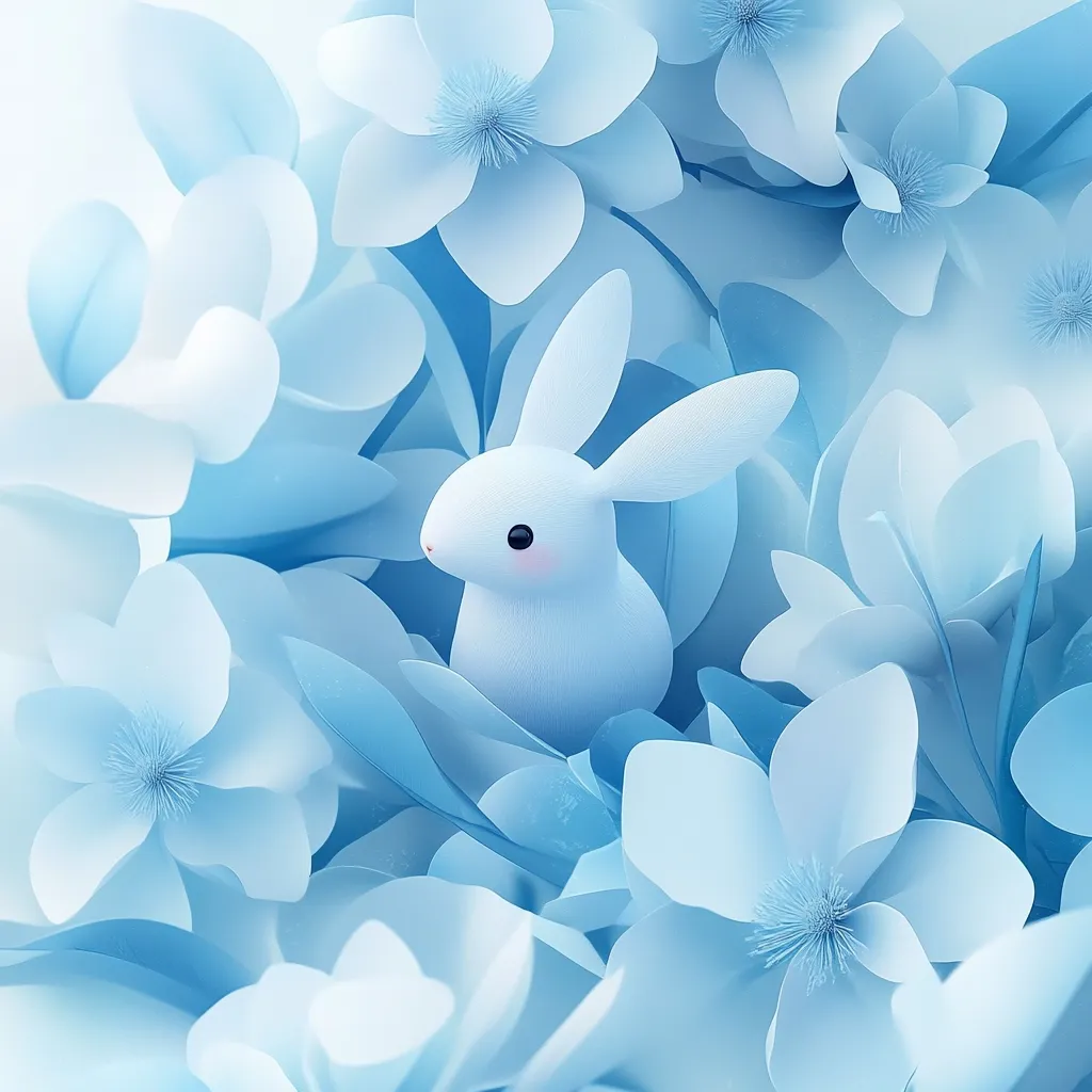 Here's a description of the image:

The image is a stylized digital rendering featuring a pale blue, fluffy bunny nestled amongst a profusion of similarly hued paper flowers.  The flowers, reminiscent of magnolias, are meticulously detailed with soft shading and textured centers. The overall aesthetic is serene and calming, with a pastel color palette that evokes feelings of gentleness and tranquility.  The bunny's simple design contrasts beautifully with the intricate floral backdrop. The composition is tightly packed with flowers, creating a sense of depth and immersion.