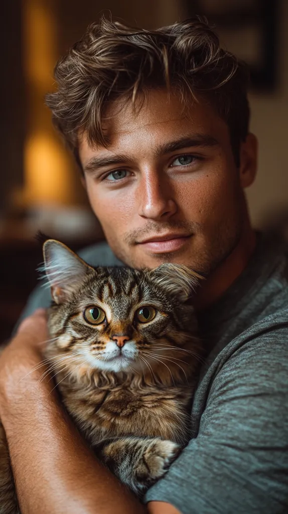 Here's a description of the image:

Close-up view of a young man with wavy brown hair and light skin gently holding a tabby cat. The man's expression is soft and tender, his gaze directed slightly downward toward the cat.  The cat is nestled comfortably in his arms, its fur appearing soft and slightly long. The man is wearing a simple, dark gray t-shirt. The background is blurred, suggesting an indoor setting with warm lighting. The overall mood is calm and intimate, emphasizing the bond between the man and his pet.
