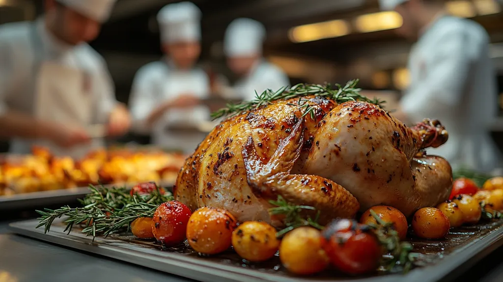 A roasted chicken, glistening with juices and adorned with rosemary sprigs, takes center stage.  Surrounding it are roasted cherry tomatoes and small potatoes, adding vibrant color. The chicken rests on a dark tray, slightly out of focus in the foreground, while blurred in the background are several chefs in white jackets, busily working in a professional kitchen.  The scene suggests a restaurant setting, possibly preparing a high-end meal.