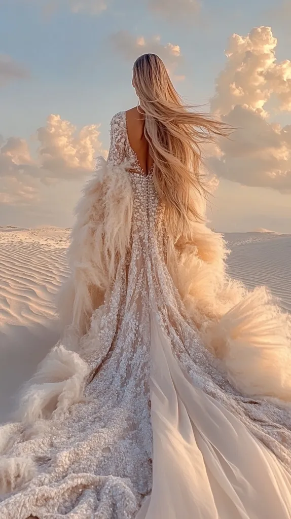 A woman with long blonde hair, wearing a long, embellished wedding dress with a flowing train, stands in a white sand desert under a partly cloudy, pastel sky.  The dress has a low back and long sleeves, and features delicate beading or embroidery.  The scene is serene and romantic, emphasizing the dress and the vastness of the desert landscape.  The overall aesthetic is ethereal and dreamy.