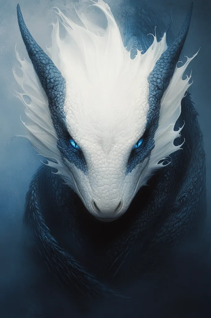 Here's a description of the image:

The image is a close-up portrait of a stylized dragon. Its head and upper body are predominantly white with a textured, almost scaly appearance.  Dark blue accents outline its features, particularly around its piercing blue eyes and prominent horns. The dragon's body is shrouded in shadow, suggesting a dark, possibly scaled, underbelly. The background is a soft, misty blue, adding to the mystical atmosphere. The overall style is digital art, with a focus on realistic texturing and dramatic lighting, creating a sense of power and mystery.
