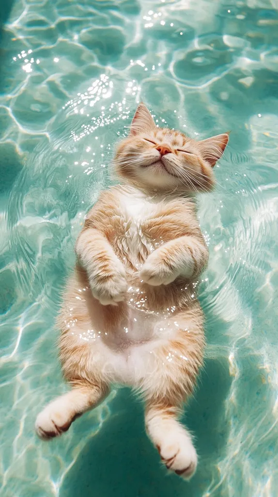 Here's a description of the image:

A light orange tabby cat serenely floats in clear, turquoise water.  The cat is submerged up to its neck, its paws neatly tucked, and its eyes are closed in apparent contentment.  Sunlight filters through the water, creating shimmering patterns on the surface and illuminating the cat's fur. The overall scene evokes a sense of calm and peaceful enjoyment.