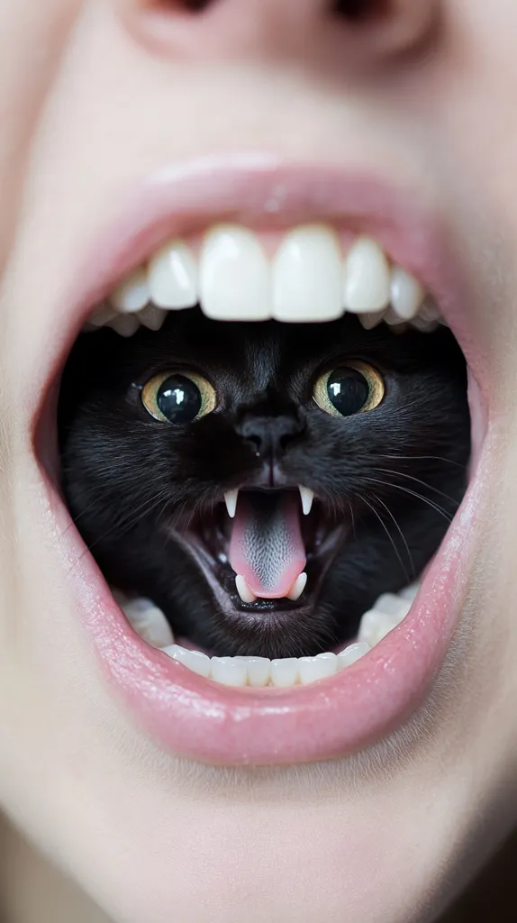 Close-up view of a wide-open mouth revealing a digitally inserted black cat. The cat's face fills the mouth cavity, its eyes wide and its mouth open in a snarling expression. The human's teeth are visible surrounding the cat, creating a surreal and slightly unsettling juxtaposition. The overall image is sharp, with a focus on the details of both the mouth and the cat. The contrast between the pink lips and the black fur is striking.