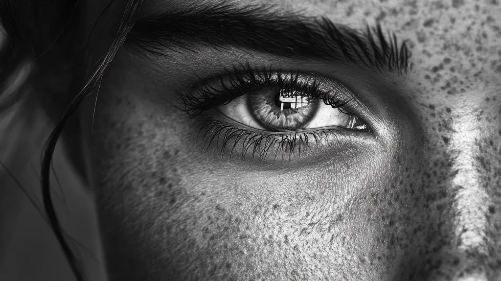 Here's a description of the image:

The black and white close-up photograph focuses intensely on a woman's eye and the surrounding skin.  Her eye is partially open, revealing a captivating gaze, long dark lashes, and a speckled iris. The skin is textured, showing freckles and fine lines, adding depth and a raw, natural beauty to the image.  Dark hair frames the side of her face, adding contrast to the light and shadow playing across her skin. The overall mood is one of intimacy and subtle intensity.