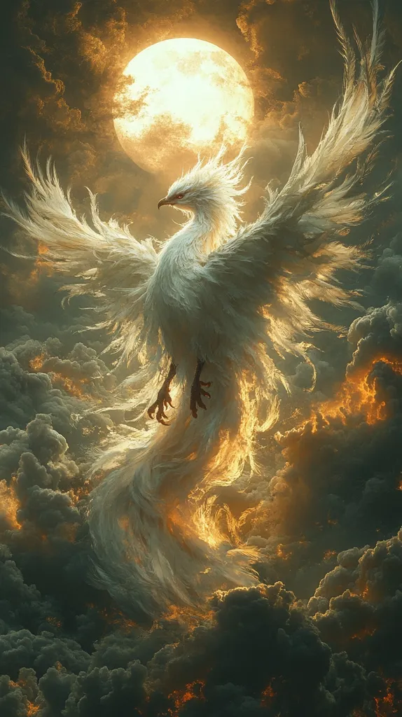 A majestic, white phoenix soars through a dramatic, fiery sky.  Its enormous wings, composed of delicate, feathery plumes, spread wide, catching the golden light of a large, full moon.  The phoenix's body is rendered with exquisite detail, contrasting sharply against the swirling, dark and luminous clouds below.  The scene evokes a sense of mythical power and otherworldly beauty.