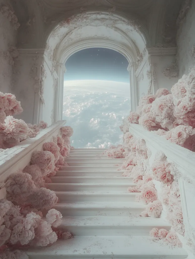 A digitally created image depicts a grand, white staircase adorned with delicate, blush-colored flowers. The staircase ascends towards a large arched window, framing a breathtaking view of Earth from above the clouds, with a dark, starry sky visible beyond. The overall aesthetic is ethereal and dreamy, with a soft, romantic feel emphasized by the pastel color palette and the abundance of flowers. The architecture is classical, lending an air of elegance and grandeur to the scene.