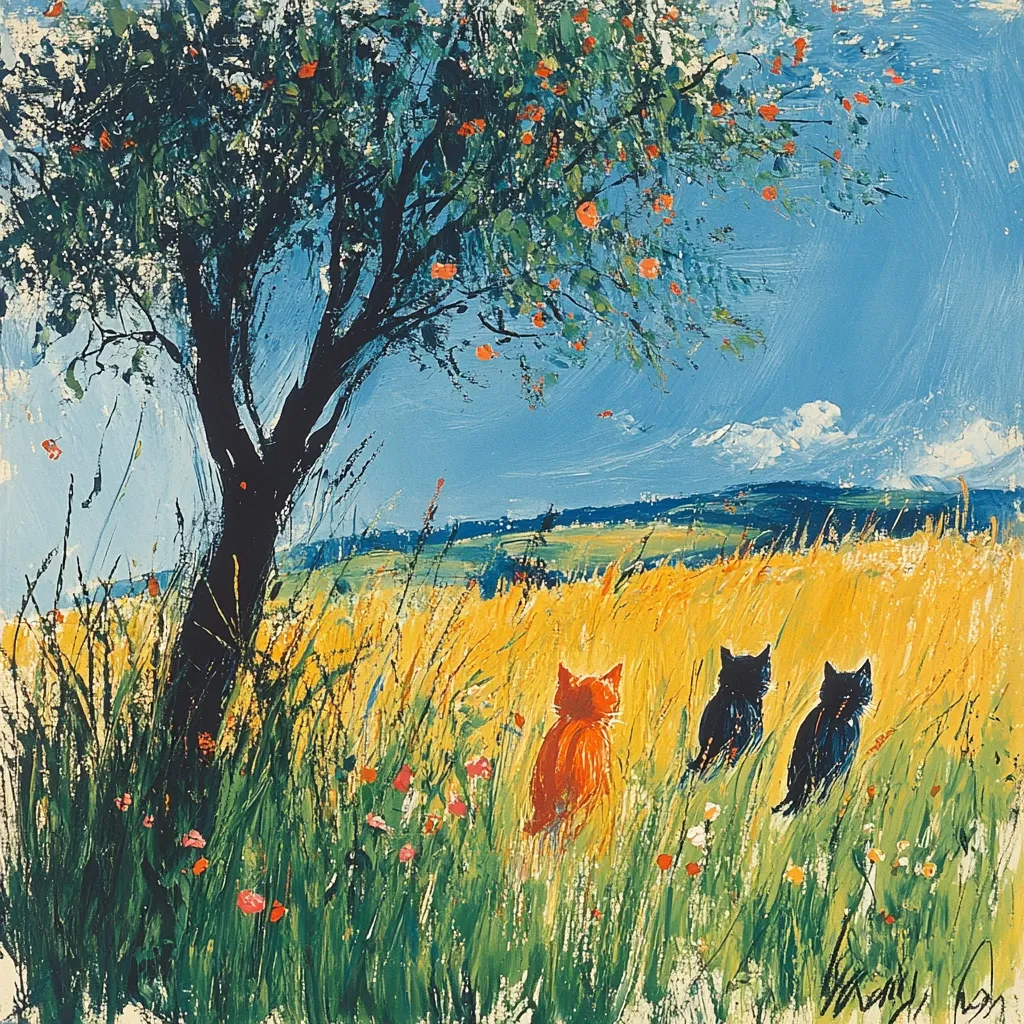 A vibrant painting depicts a serene landscape. Three cats—one orange, two black—sit in tall, golden grass, their backs to the viewer. Behind them, a leafy tree laden with red apples stands against a clear blue sky, hinting at a summer day.  Rolling hills and a distant mountain range form a picturesque backdrop. The style is impressionistic, with visible brushstrokes adding texture and movement to the scene.  Wildflowers pepper the field, completing the idyllic rural setting.